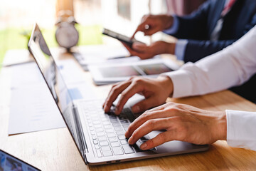 Fototapeta premium Business Consulting meeting working and brainstorming, discussing, business strategy, analyzing with financial data and marketing new business project finance investment concept