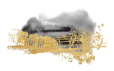 Foto op Plexiglas Black Art Watercolor flow blot with gold elements. Abstract texture color stain on white background. © Liliia