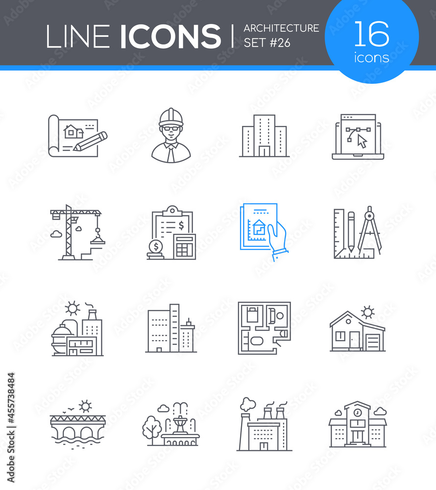 Aufkleber architecture and construction - line design style icons set