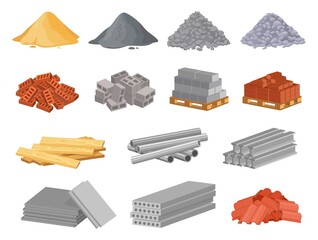 Cartoon construction building materials, sand and gravel pile. Brick stacks, metal pipes, cement. Building supplies for renovation vector set. Wooden planks and stones for repair works