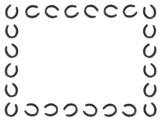 frame made of iron horseshoes on white background