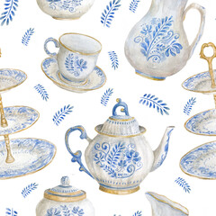 Seamless watercolor pattern with kitchen utensils. ornaments of blue flowers on ceramics. Drawn Gzhel dishes. Print for wrapping paper. Chinese tea party.