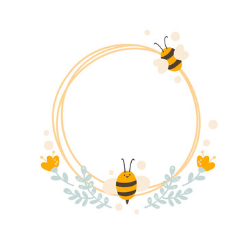Cute kids Round frame with bee and bouquet of flowers wreath. Baby scandinavian style vector circle illustration with place for text
