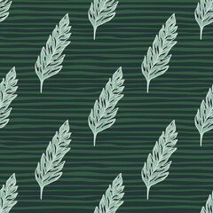 Obraz premium Green leaf seamless pattern on stripe background. Leaves ornament. Foliage backdrop