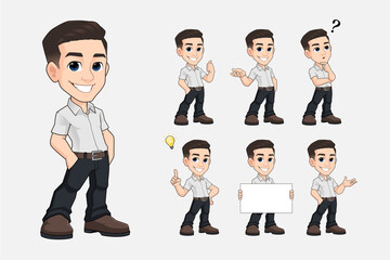 set of young business man cartoon mascot character in casual clothes premium vector