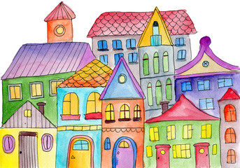 Obraz na płótnie Canvas Watercolor cute houses izolated on white background. Hand painting fabulous city illustration.