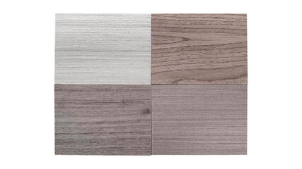 top view of samples of veneer wooden series consists of oak, douglas fir, ash, walnut texture isolated on white background with clipping path. wooden laminated samples palette for selection.