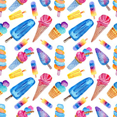 Watercolor ice cream seamless pattern izolated on white background. Food illustration wallpaper.