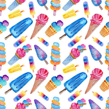 Watercolor ice cream seamless pattern izolated on white background. Food illustration wallpaper.