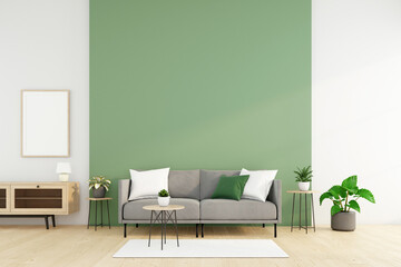Minimalist living room with sofa and side table, green wall and green plant. 3d rendering
