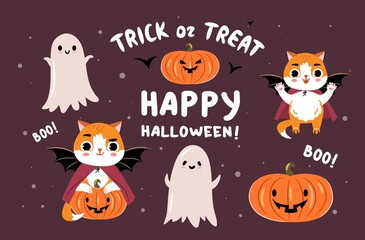 Cute vampire cat with ghosts and pumpkin. Happy halloween stickers set. Ginger cat and ghosts vector illustration collection