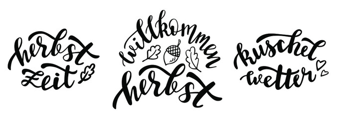 Fall quotes in german language hand lettering logo icon set of 3. Vector autumn seasonal sayings for planner, calender, organizer, stickers, cards, banners, posters, mug, scrapbooking, pillow cases