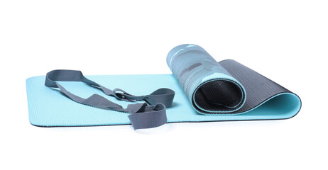 Light blue camping mat with strap isolated on white