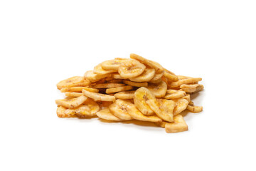 Banana chips isolated on a white background. Dehydrated banana.