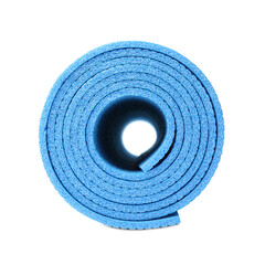 Fototapeta na wymiar Rolled light blue camping mat isolated on white