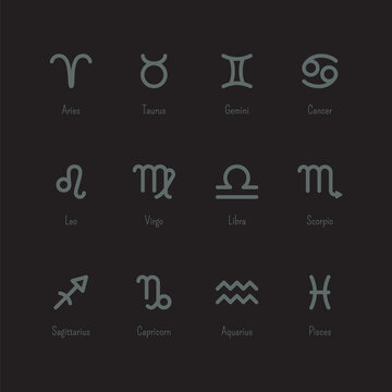 Vector isolated outline zodiac icons set with titles. Collection of twelve grey linear pictograms of horoscope signs on a black background. Design of astrological symbols
