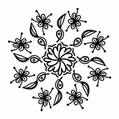 Floral vector mandala with flowers and leaves in doodle style isolated on white background. Cute flower coloring illustration for seasonal design, textile, decoration kids playroom or greeting card.