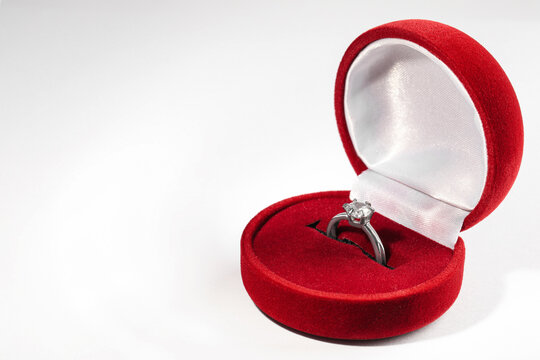 Beautiful Engagement Ring In Red Box On White Background, Space For Text