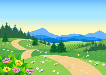 Fairy tale background with path, hills, meadows, forest and mountains in cartoon style. Vector illustration.
