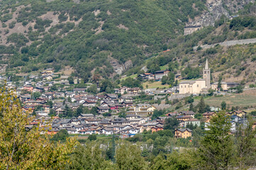 Fototapeta na wymiar Panoramic view of the village of Nus, Aosta Valley, Italy, seen from Fénis