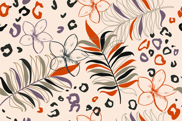 Leaves, grass, spots, stripes, circles. Safari. Camouflage. Modern seamless pattern. Natural ornament. Creative background