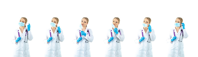 A friendly, beautiful adult woman demonstrating how to put on a surgical mask on an isolated background step by step. a nurse shows how to properly put on a protective medical mask