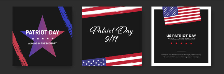 Social media post set with US flag, patriot day remembrance, instagram and facebook, patriotism template, remember 11th of september, new york attack, honour day