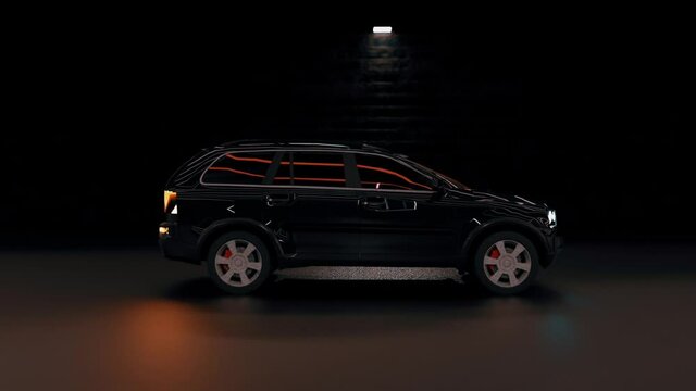Animation of a black car side view. A jeep car drives through a dark tunnel next to a brick wall with lanterns.