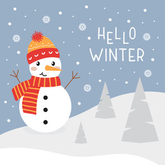 Hello Winter colorful card with snowman, christmas trees, snow and lettering. Vector illustration