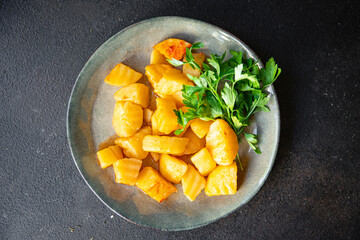 stewed potatoes spices no meat fresh portion ready to eat meal snack on the table copy space food background rustic. top view keto or paleo diet veggie vegan or vegetarian food