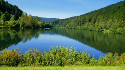 Fototapeta premium malerischer Stausee Erzgrube im Schwarzwald mit spiegelndem Wald im See unter blauem Himmel