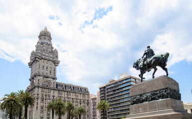 Statue at the Artigas Mausoleum and Salvo Palace. Independence Square, Montevideo, capital of Uruguay