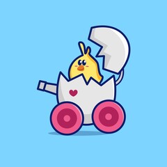 Cute baby chick kawaii driving an eggshell vector
