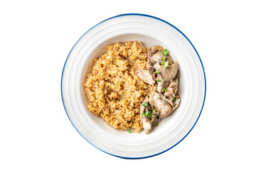 wheat porridge with boiled chicken meat, healthy food fresh portion ready to eat meal snack on the table copy space food background rustic. top view keto or paleo diet