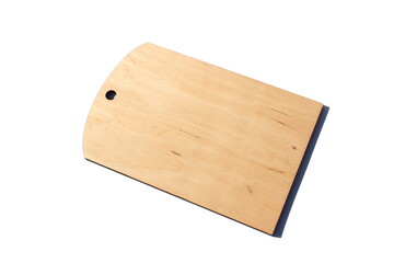 Wooden cutting board lies on an isolated white background.