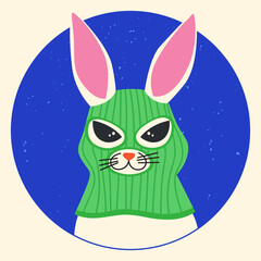 Funny hare wearing a balaclava ski mask. Hipster rabbit dressed as a robber with a colourful thief mask. Isolated print for T-shirt, poster, mug, and for cricut.
