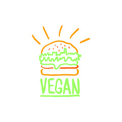 Vegan burger. Abstract hamburger with green salad leaves, sauce, veggie cutlet. Healthy fast food concept.Doodle sketch line style, hand drawing.Isolated object on white background.Vector illustration