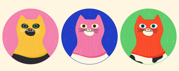 Funny cats wearing colourful balaclava ski mask. Hipster kitten dressed as a robber with a colorful thief mask. Isolated print for T-shirt, poster, mug, and for cricut.