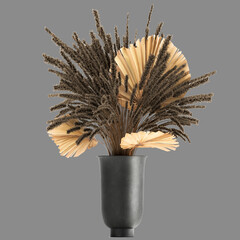 bouquet of dried flowers in a vase with reeds on a white background