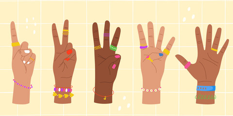Counting on the fingers. Numbers are shown by hands. Trendy flat design. Isolated objects. Colourful illustration with variety of woman hands gestures.
