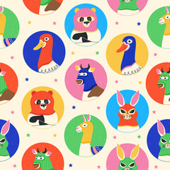 Seamless pattern with goose, cow, panda, hare, llama, bull wearing balaclava ski masks. Animals and birds dressed as a robbers with a colourful thief mask. Creative print for fabric, wrapping, apparel