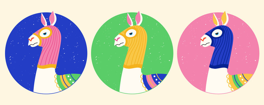 Funny llamas wearing colourful balaclava ski mask. Hipster alpacas dressed as a robber with a colorful thief mask. Isolated print for T-shirt, poster, mug, and for cricut.