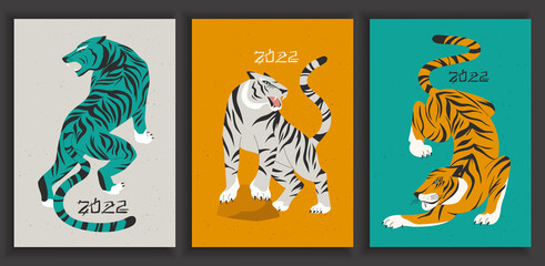 Set of colourful tigers in abstract style. Modern greeting card or poster. Hunting tigers in Asian style. Chinese 2022 year sign. Year of the Tiger 2022 Japanese new year card. Vector Illustration for