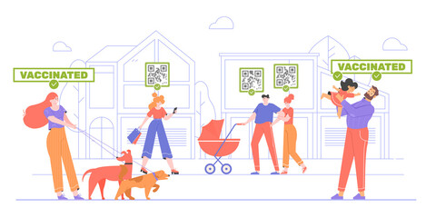 Fototapeta premium Vaccinated people for a walk. Safe space for health. A girl with a dog, a dad with a baby, a family with a stroller, a woman with packages. Vector flat illustration.