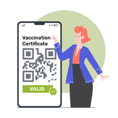 Vaccination certificate on smartphone screen. Digital document validation. Protection against coronavirus infection and health care. Female character shows at the QR code. Vector flat illustration.