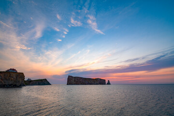 Majestic dawn over the famous Rocher Percé, at Percé village in the Gaspesie peninsula, Quebec, Canada