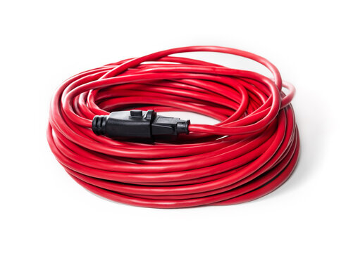 100 feet extension cord, bundled up.   Red single outlet power cord for outdoor use with locking receptacle. Medium to heavy duty gauge. Selective focus. Isolated on white.