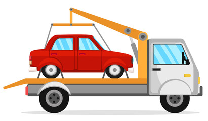 Tow truck transports the car on a white