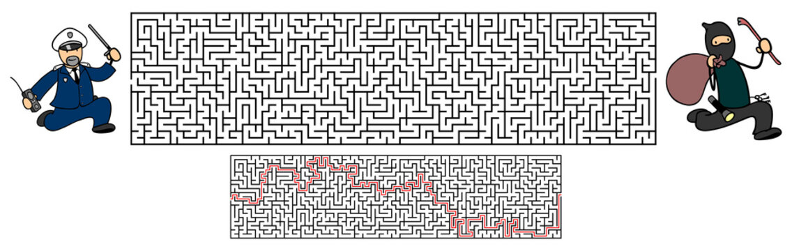 Polizist verfolgt Einbrecher als Panorama R&auml;tsel Labyrinth Spiel