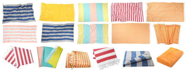 Set with different beach towels on white background. Banner design